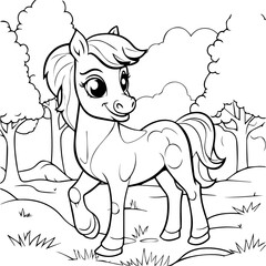 cute coloring book with horse in the jungle