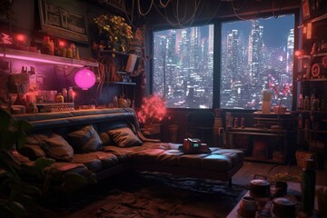 Fototapeta na wymiar AI generated view of Cyberpunk theme interior room with dark and glowing neon