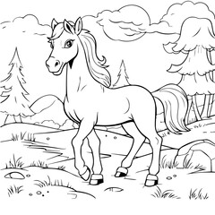 cute coloring book with horse in the jungle