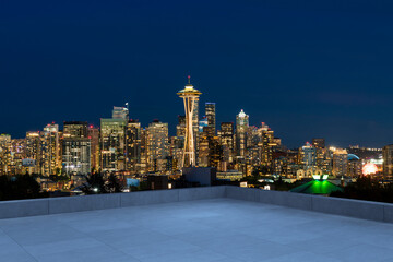 Naklejka premium Skyscrapers Cityscape Downtown, Seattle Skyline Buildings. Beautiful Real Estate. night time. Empty rooftop View. Success concept.