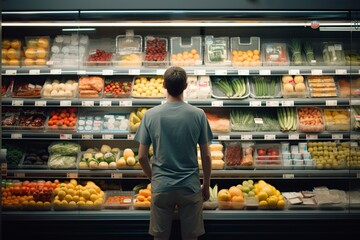 man shopping in the supermarket and looking slowly - obrazy, fototapety, plakaty
