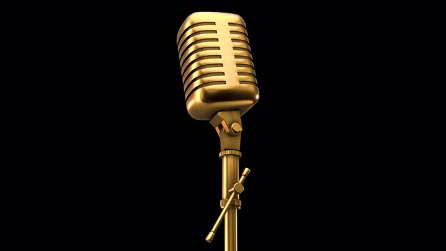 Gold microphone rotating on alpha channel background in seamless loop.