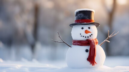 Close up of a Snowman wearing a red Scarf and a black Top Hat. Cheerful Christmas Template
