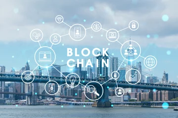 Fotobehang Brooklyn and Manhattan bridges with New York City financial downtown skyline panorama at day time over East River. Decentralized economy. Blockchain, cryptography and cryptocurrency concept, hologram © VideoFlow
