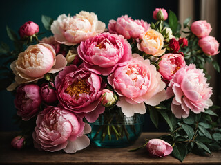 pink peonies isolated on wooden table, flower shop mockup