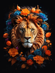 tiger head in colorful flower wreath vector illustration on black background. Isolation background. Vector illustration, t shirt print