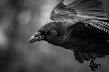 B&W photo of a raven captured in midflight in a northern forest, in the style of award winning wildlife photography.