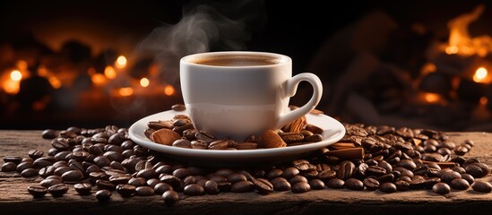 Warm inviting coffee scene with white cup beans sugar on wooden table against dark backdrop