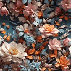 Beautiful 3D Vintage Flowers Seamless Pattern Colorful Digital Background Floral Design - ai generated