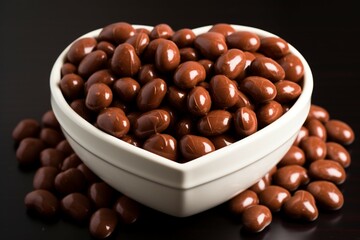 A heartwarming gesture Chocolate covered peanuts nestled in a heart shaped bowl