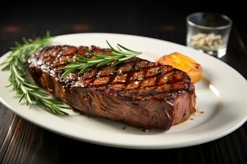 A savory beef steak adorned with aromatic, fresh rosemary for delightful flavor