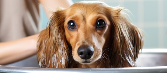 Pet professionals comfort anxious dachshunds at clinics or salons - obrazy, fototapety, plakaty
