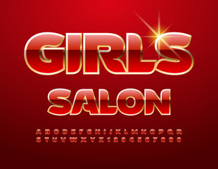 Vector chic emblem Girls Salon. Beautiful Red Font. Elegant Alphabet Letters and Numbers.