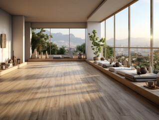 Interior of modern yoga room with wooden floor. Generative AI