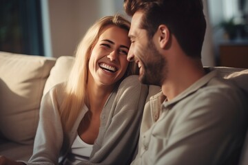 couple happy and talking on the sofa at home with a smile