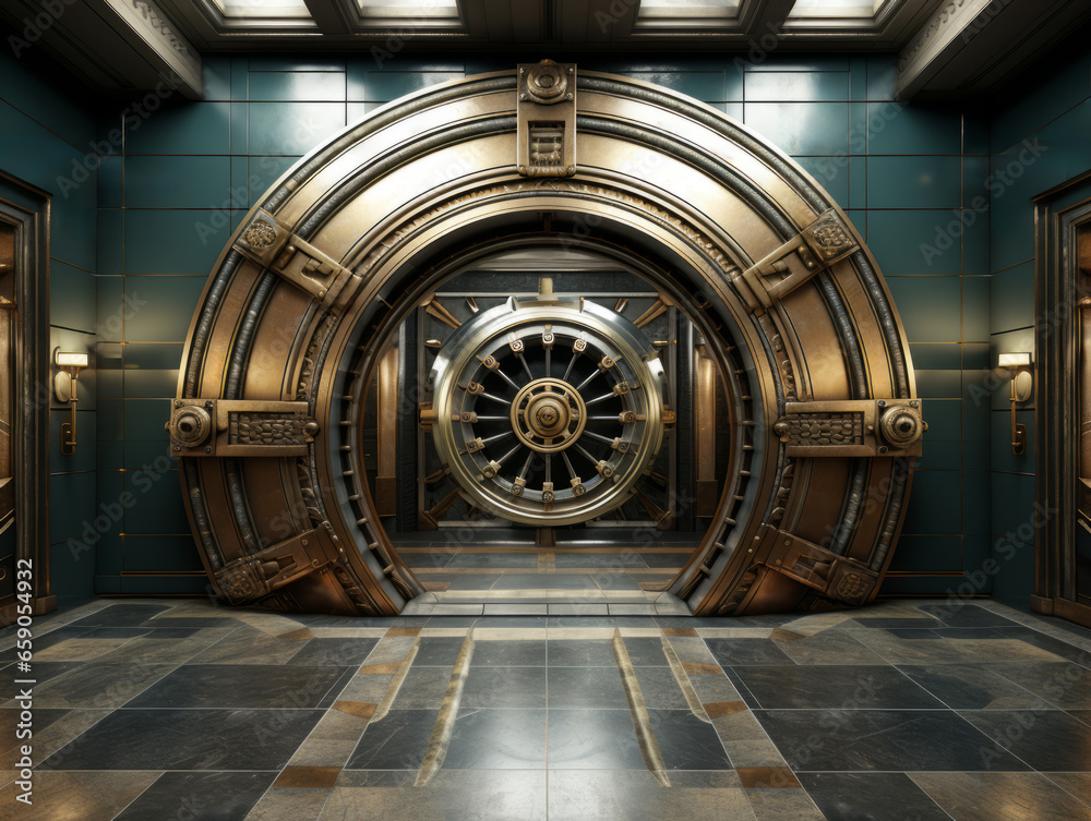 Poster bank vault with a vault door in the background. generative ai