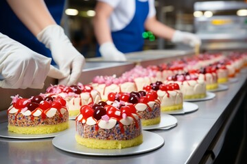 Cake perfection in progress Conveyor line at the confectionery factory adds decorations