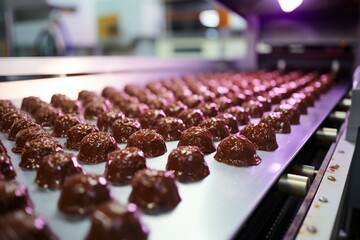 Chocolate candies undergo processing on a conveyor in the confectionery shop, illustrating production