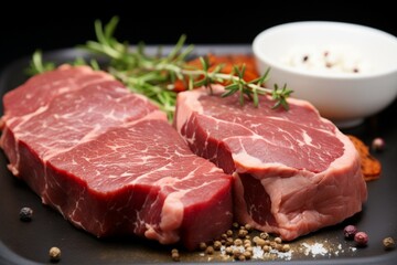 Crafting filet mignon with raw medallions of beef tenderloin and savory pork bacon