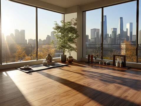Modern yoga room interior with panoramic city view and wooden floor. Generative AI