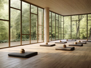 Fototapeta premium yoga room with wooden floor and large windows. Generative AI