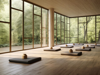 yoga room with wooden floor and large windows. Generative AI