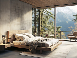 Luxury bedroom interior with concrete floor, comfortable king size bed and mountain view. Generative AI