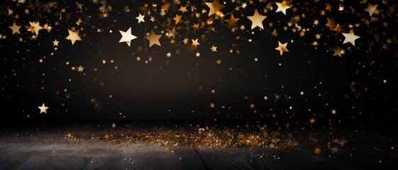 Sparkling New Year's Eve Celebration with Gold Stars and Glitter on Black Background