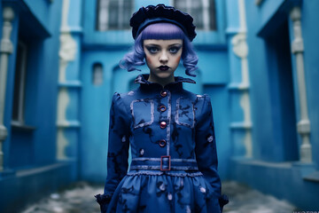 photo of a young girl in a magic creature cosplay, wearing dark Halloween make up, contact lenses and violet hair, looking scary. Generative AI. - obrazy, fototapety, plakaty