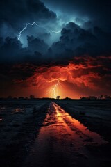 A dramatic sunset looms over the horizon, illuminated by the powerful flashes of lightning as thunder rumbles through the clouds in the sky, creating an awe-inspiring natural spectacle