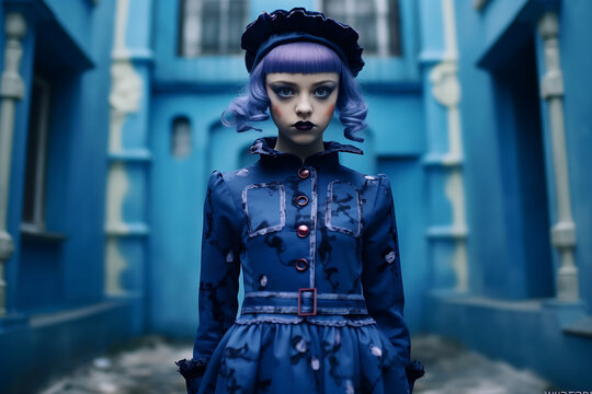 photo of a young girl in a magic creature cosplay, wearing dark Halloween make up, contact lenses and violet hair, looking scary. Generative AI.
