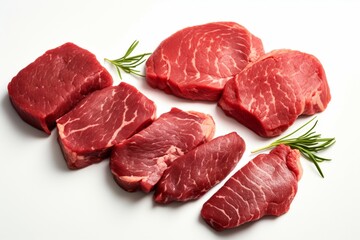 Neatly arranged raw beef slices showcase their freshness on a white backdrop