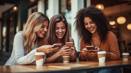stockphoto, copy space, Group of young women having fun sharing media with an cellphone. Three girls looking to the smartphone on a coffee shop, restaurant or bar. Young people enjoying while using in - obrazy, fototapety, plakaty