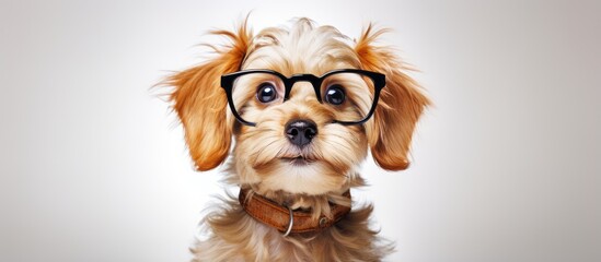 Smart dog wearing glasses smiles on a white background