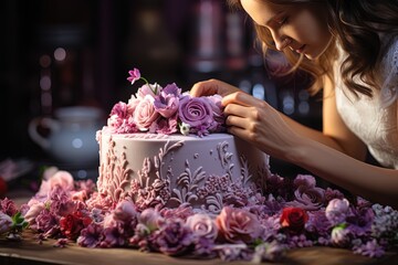 A baker's steady hand applies the finishing touches to a cake with precision, adding intricate lace patterns to the fondant icing. - obrazy, fototapety, plakaty