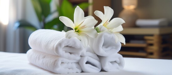 Obraz na płótnie Canvas Floral white towel in hotel room