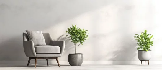Poster Contemporary interior design with minimalistic elements including gray furniture and a touch of vintage A cozy living room features an armchair a table with a potted plant and a round carpet © AkuAku