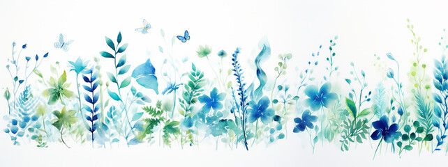 WATERCOLOR ABSTRACT BACKGROUND WITH FLOWERS, HORIZONTAL IMAGE. image created by legal AI