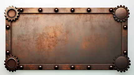 Fototapete Rusted metal blank steampunk plate with gears isolated on white background © Aul Zitzke