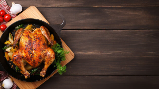 CRISPY CHICKEN FRIED IN A FRYING PAN ON A BROWN WOODEN BACKGROUND, HORIZONTAL IMAGE. image created by legal AI