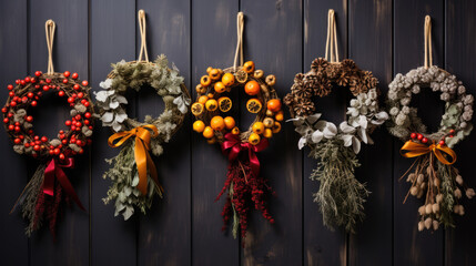 beautiful wreaths made of natural materials on a wooden background
