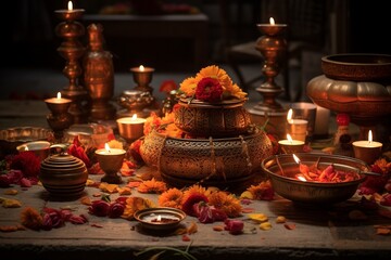 Naklejka premium Diwali Puja Serenity Illuminating Traditions Created with Generative AI