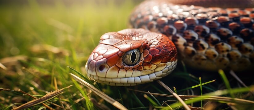 Closeup of a ball python snake on grass closeup of its skin