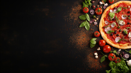 PIZZA INGREDIENTS ON BLACK TABLE WITH EMPTY SPACE FOR INSERT. image created by legal AI
 - obrazy, fototapety, plakaty