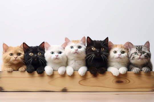 Image of group cats looking camera and sitting on a white background