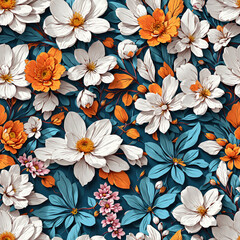 White Orange Flowers Blossoms Art Seamless Pattern Colorful Digital Background Floral Design - ai generated
