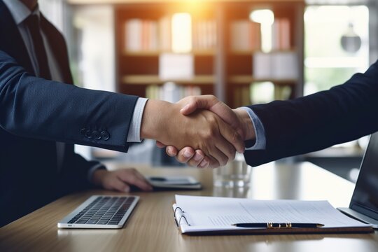 interview with a businessman and a handshake to hire a company