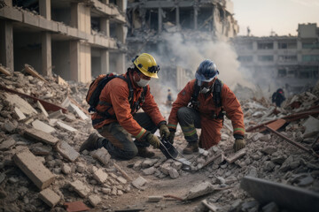 Rescuers wearing uniform and helmets dismantle the rubble of houses after the earthquake, Emergency, natural disaster