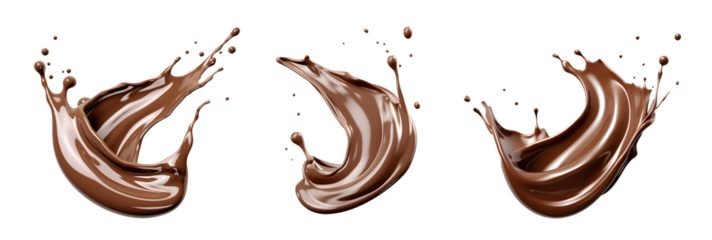 Set of Chocolate milk splash isolated on transparency background, nutrition liquid fluid element flowing wave explode, Brown choco swirl collection with drops AI generated