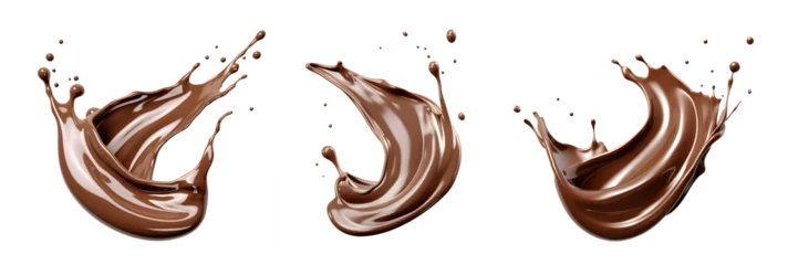 Foto op Plexiglas Set of Chocolate milk splash isolated on transparency background, nutrition liquid fluid element flowing wave explode, Brown choco swirl collection with drops AI generated © WAN_ASSET